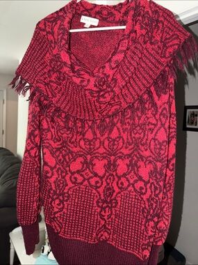 Knox Rose Red and Burgundy Patterned Cowl Neck Sweater